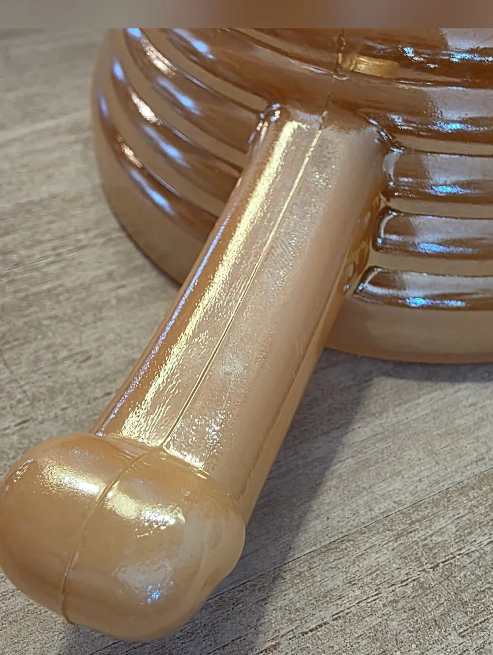 Fire King Vintage Peach Lustre Chili Bowl with Handle Beehive Ribbed Iridescent